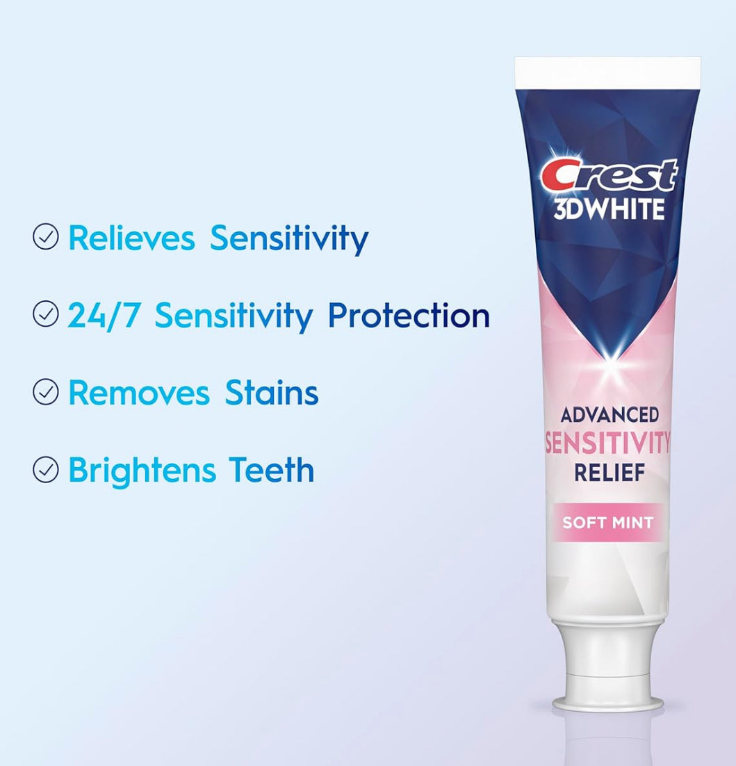 Crest 3DWhite Advanced Whitening Sensitivity Relief Toothpaste | Soft Mint, 3.3 Oz, Value Pack Of 2