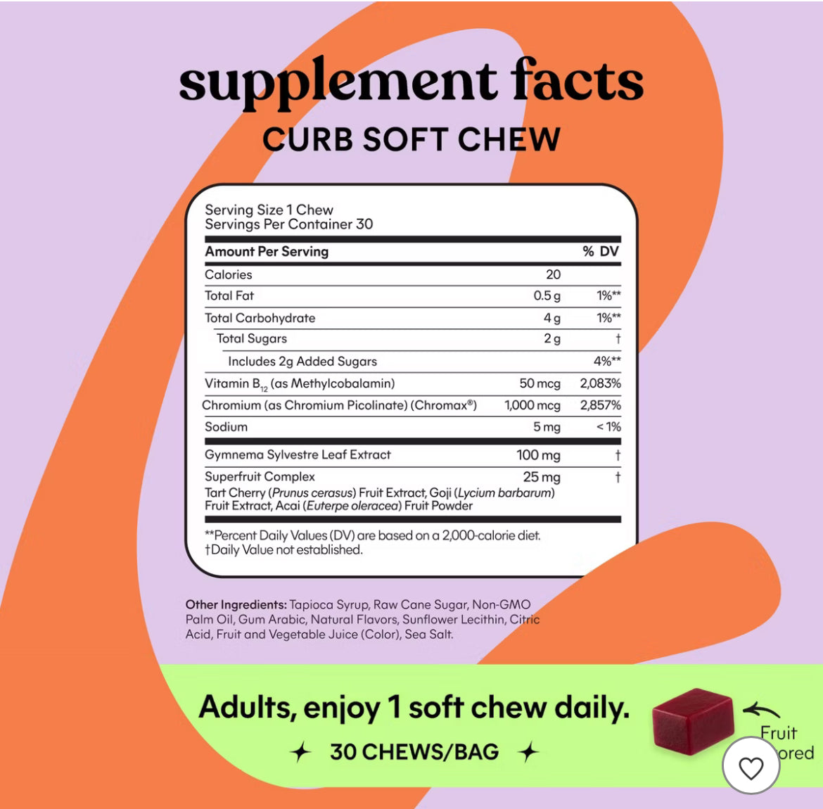 Lemme Curb Soft Chews - Craving Support, Chromax, Gymnema Leaf & Vitamin B12 - 1 Chew Daily - Mixed Fruit Flavored - 30ct