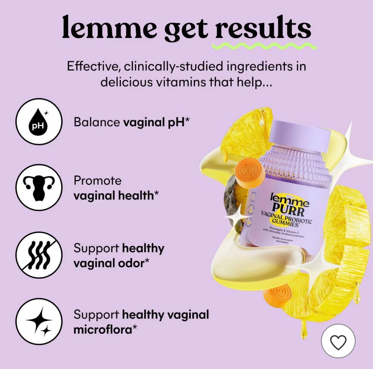 Lemme Purr Vaginal Probiotic Gummies - pH & Odor Support - Pineapple & Vitamin C - Pineapple Flavored - 14ct